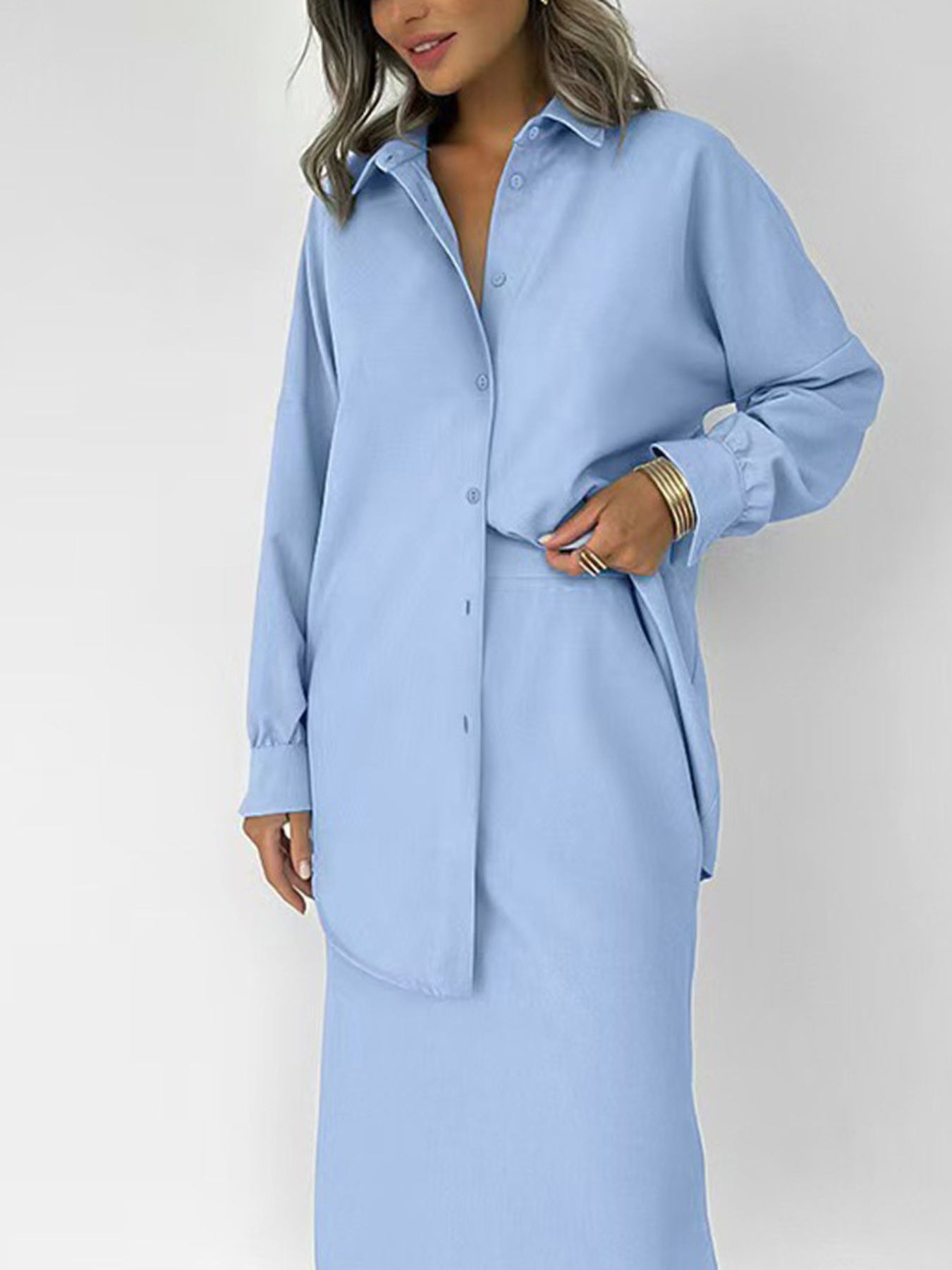 Hazel Blues® |  Long Sleeve Shirt and Slit Midi Skirt Set