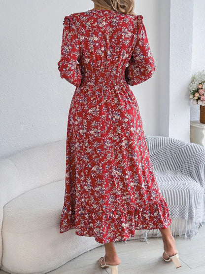 Hazel Blues® |  Ruffled Floral V-Neck Flounce Sleeve Dress
