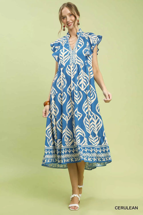 Hazel Blues® |  Umgee Leaf Print Tiered Midi Dress with Pockets