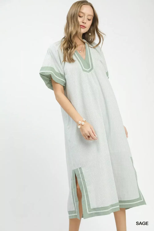 Hazel Blues® |  Umgee Pinstripe Contrast Trim Midi Dress