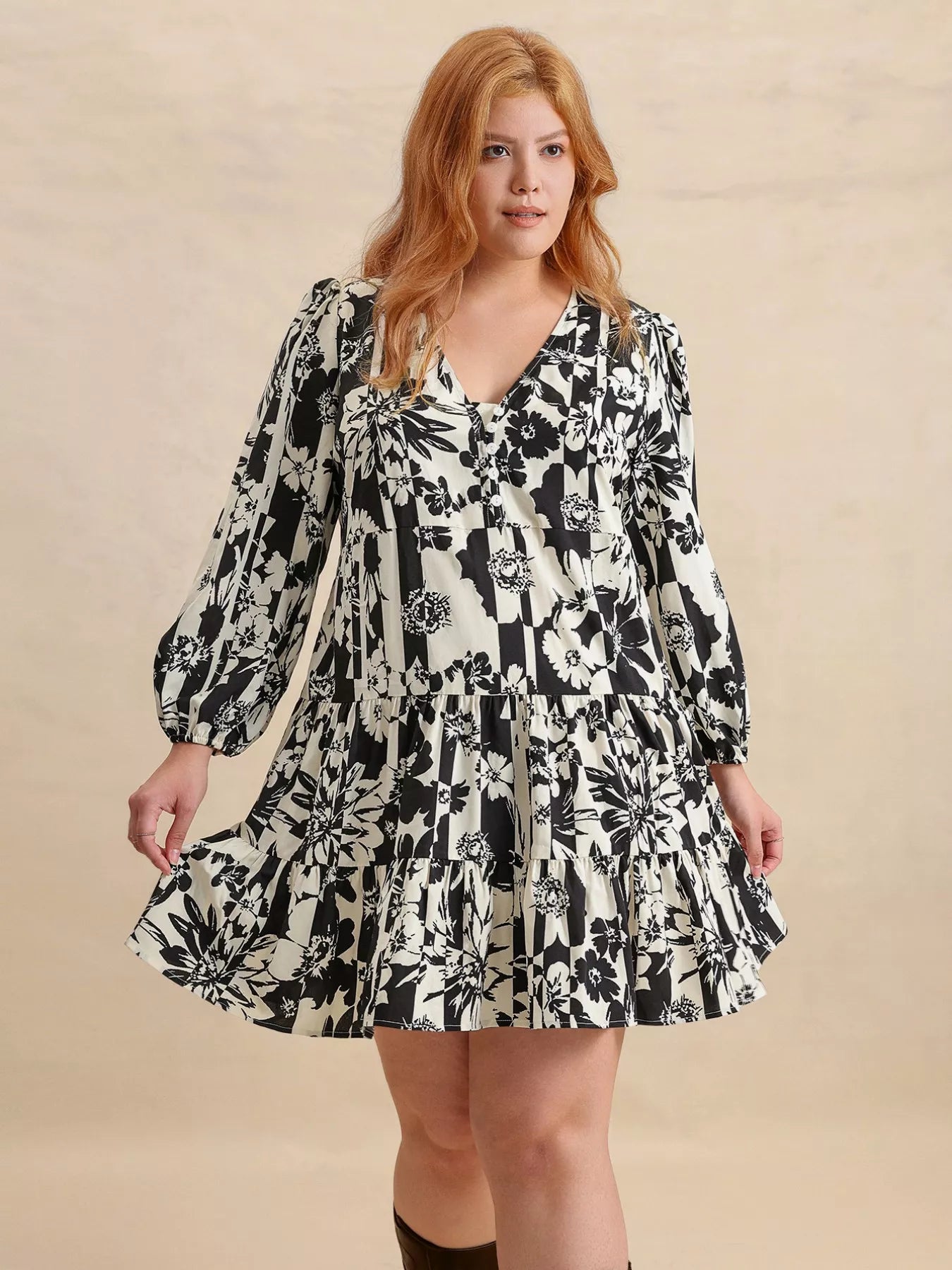 Hazel Blues® | Printed V-Neck Long Sleeve Mini Dress
