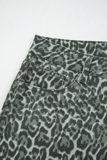 Hazel Blues® |  Gray Leopard Frayed Edge Wide Leg High Waist Jeans
