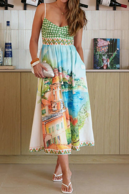 Hazel Blues® |  Gingham Bodice Scenic Print Midi Dress