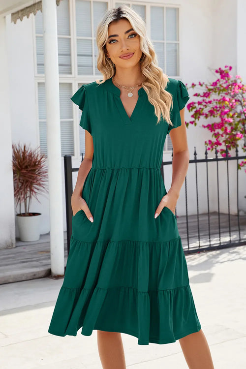 Hazel Blues® |  Ruched Notched Cap Sleeve Dress