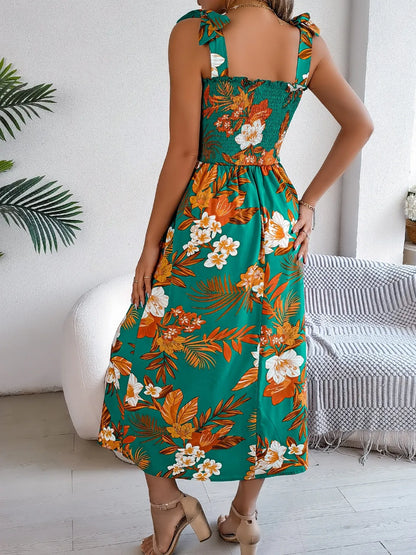 Hazel Blues® |  Smocked Floral Tie Shoulder Midi Dress
