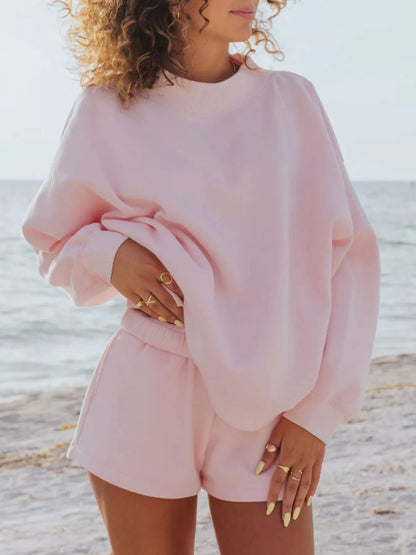 Hazel Blues® |  Relaxed Fit Round Neck Sweatshirt and Shorts Set