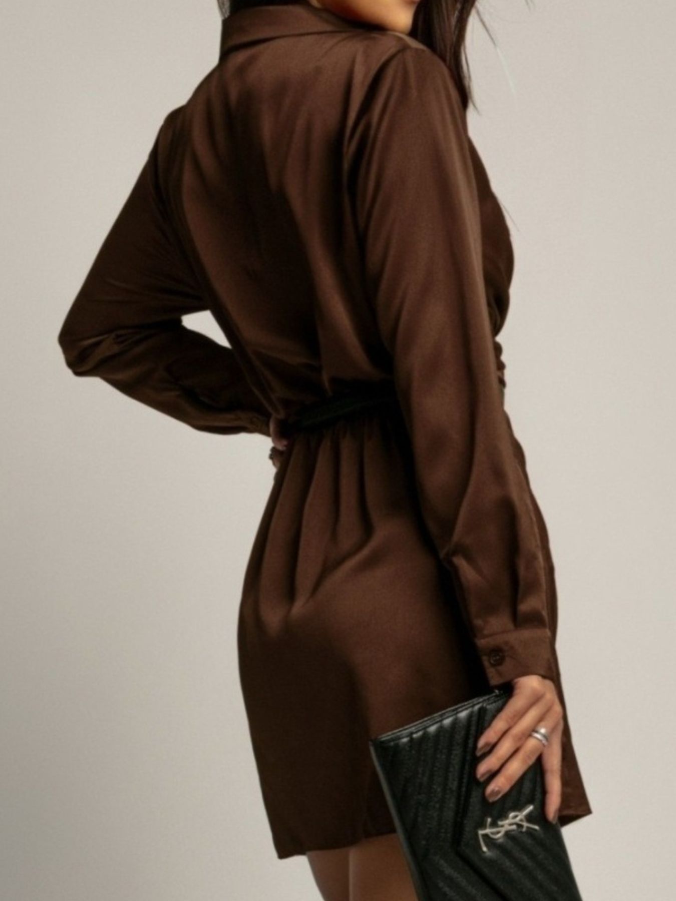 Hazel Blues® |  Collared Neck Long Sleeve Satin Dress
