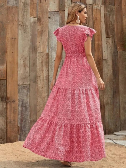 Hazel Blues® |  Printed V-Neck Ruffled Cap Sleeve Maxi Dress
