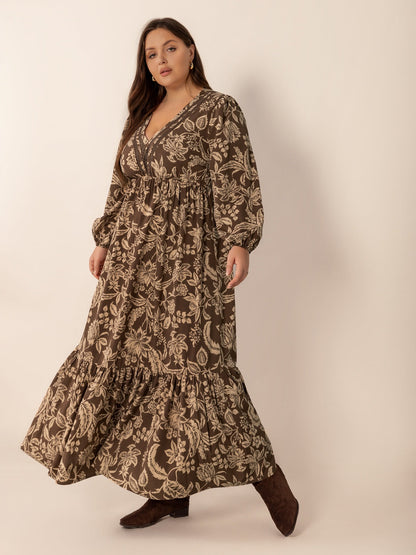 Hazel Blues® | Printed V-Neck Balloon Sleeve Maxi Dress
