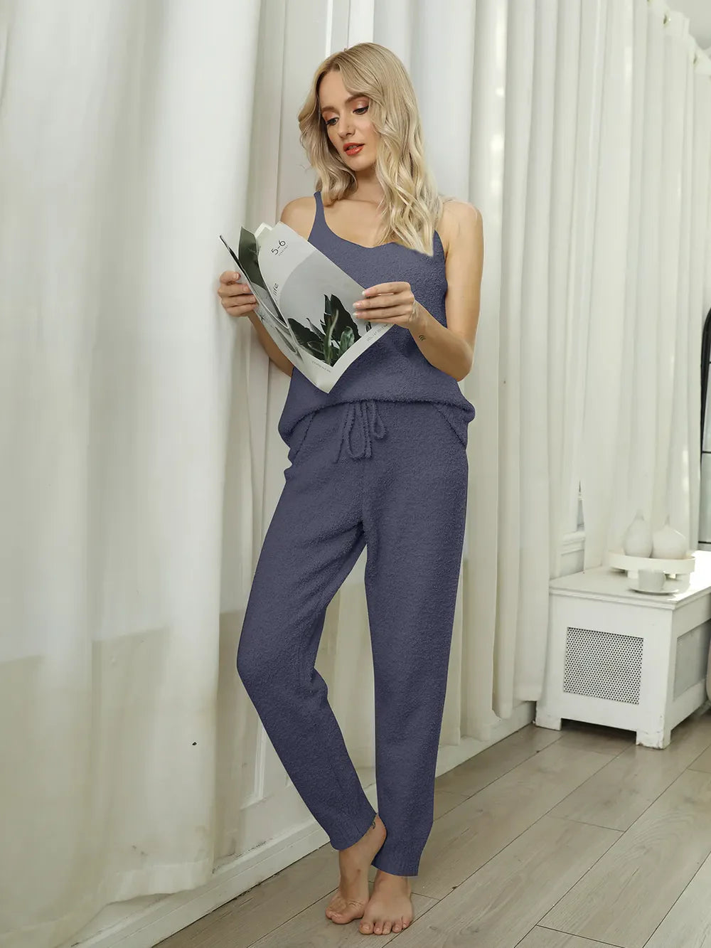 Hazel Blues® |  Fuzzy V-Neck Cami and Pants Lounge Set