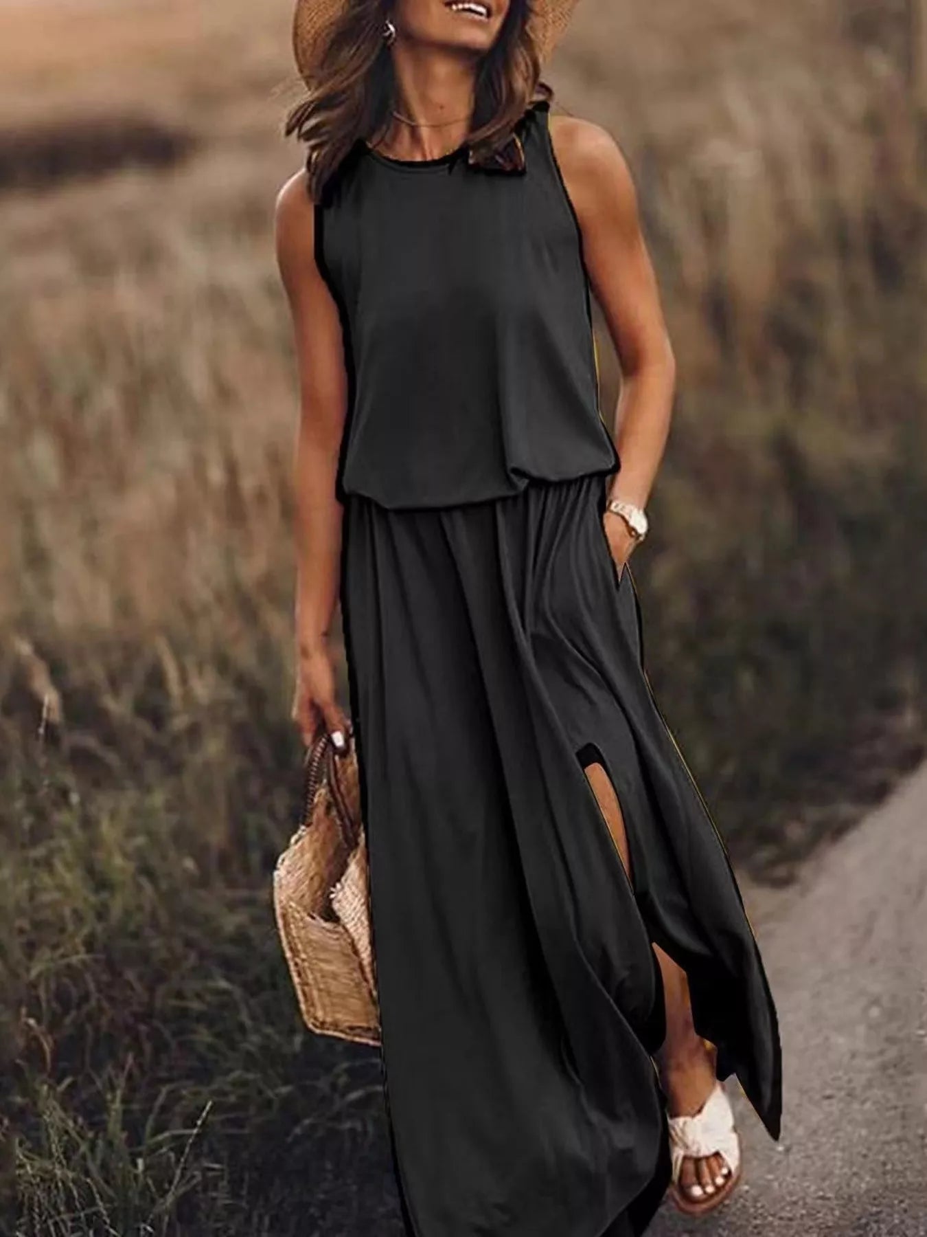 Hazel Blues® | Round Neck Sleeveless Slit Maxi Dress