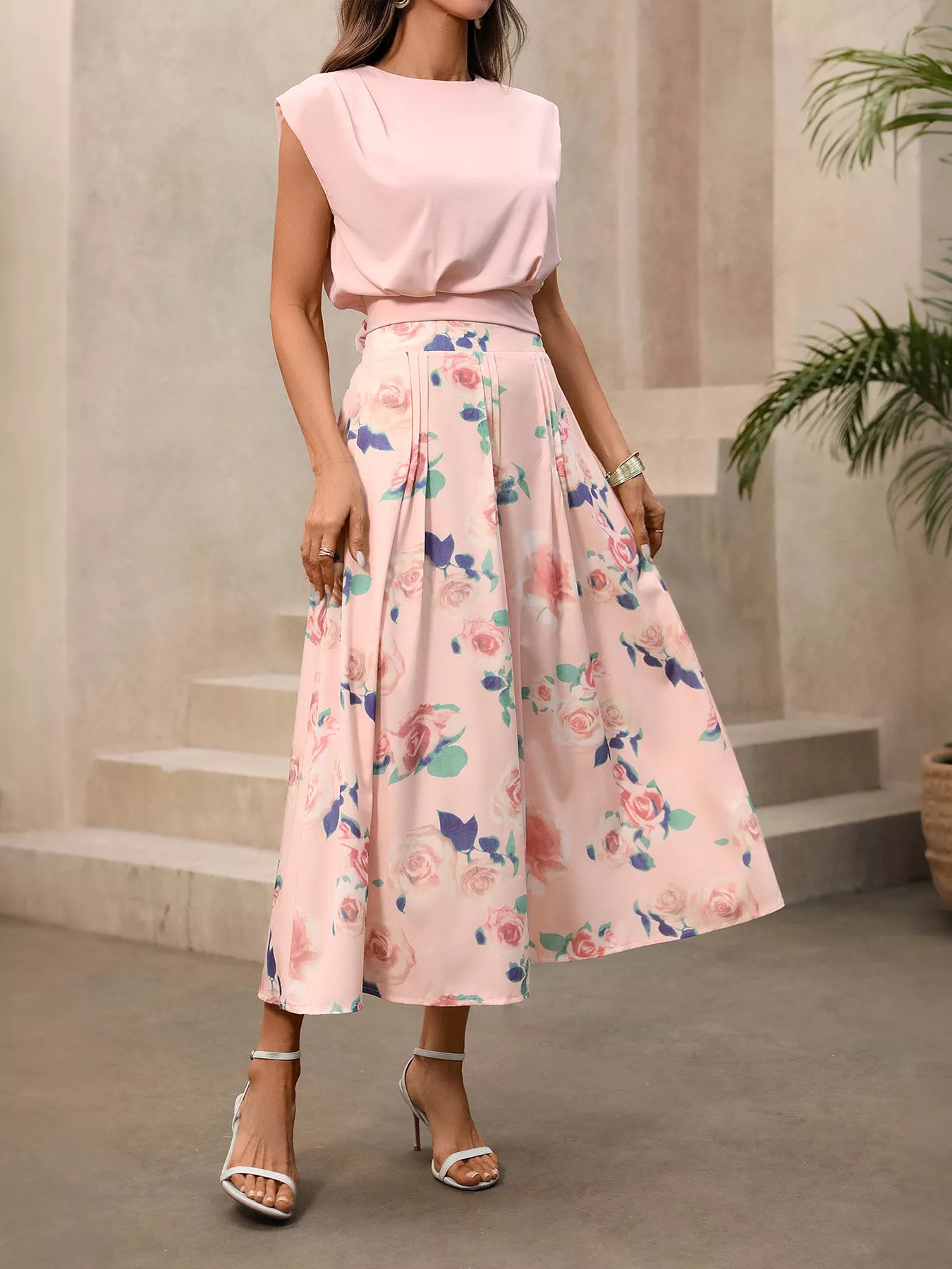 Hazel Blues® |  Round Neck Top and Floral Print Skirt Two-Piece Set