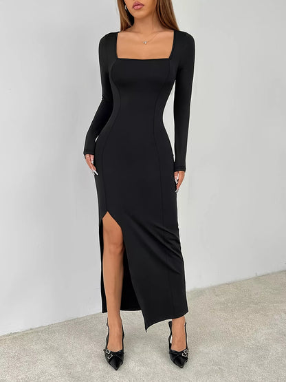 Hazel Blues® |  Square Neck Long Sleeve Slit Bodycon Maxi Dress