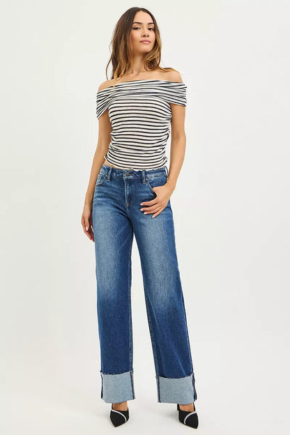 Hazel Blues® |  RISEN Mid Rise Wide Straight Jeans With Wide Cuff