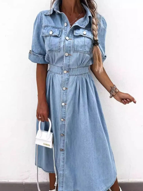Hazel Blues® | Button Down Roll-Up Sleeve Denim Shirt Dress