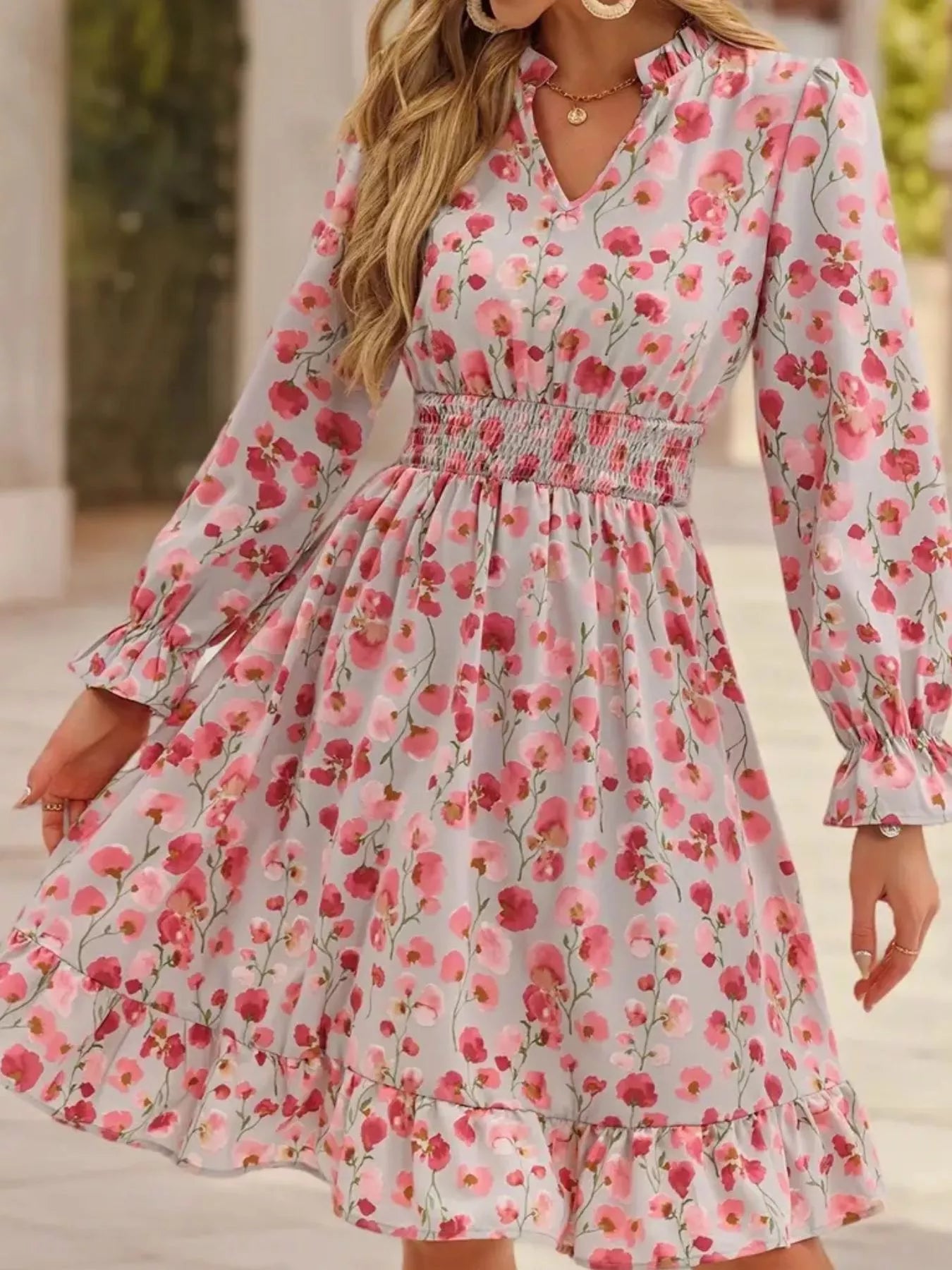 Hazel Blues® |  Floral Notched Flounce Sleeve Dress