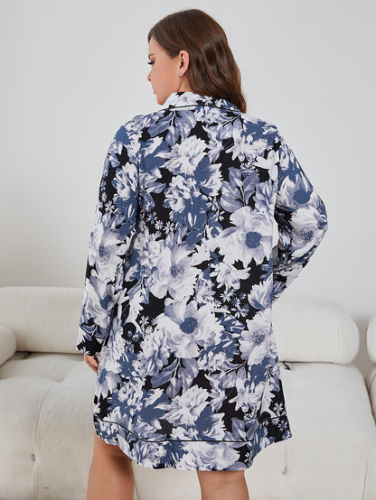 Hazel Blues® | Floral Lapel Collar Long Sleeve Night Dress