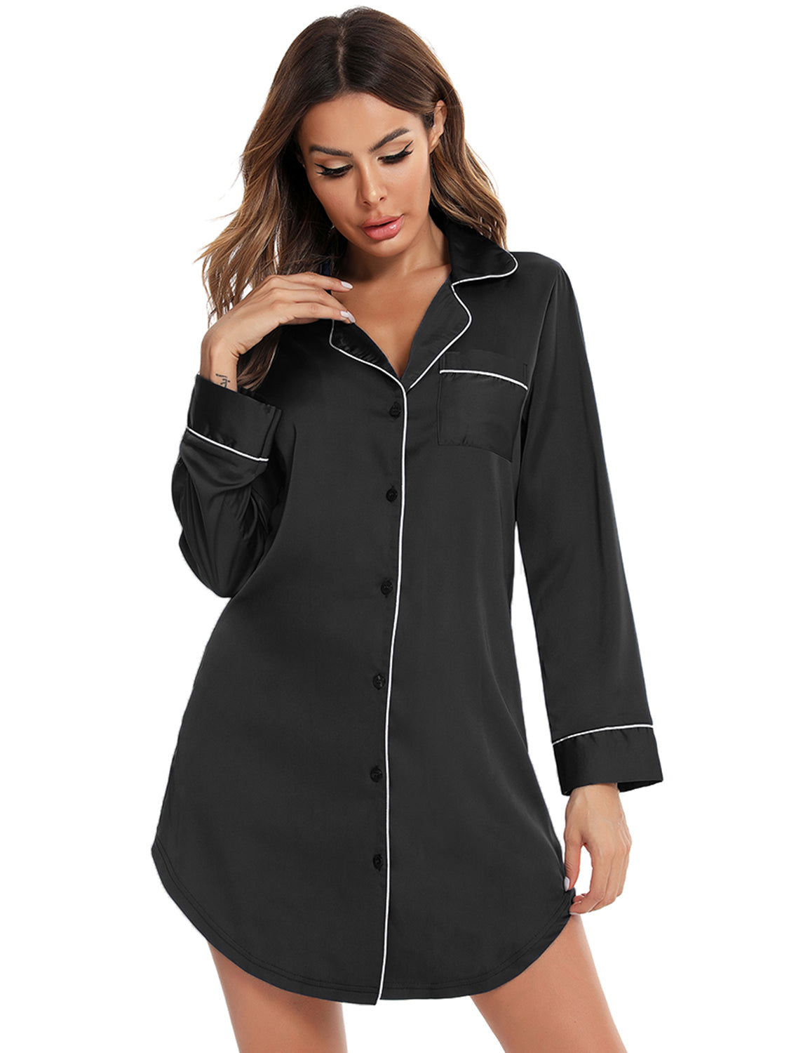 Hazel Blues® |  Button Up Lapel Collar Night Dress with Pocket