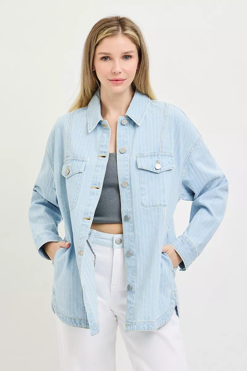 Hazel Blues® |  RISEN Oversized Stripe Denim Shaket