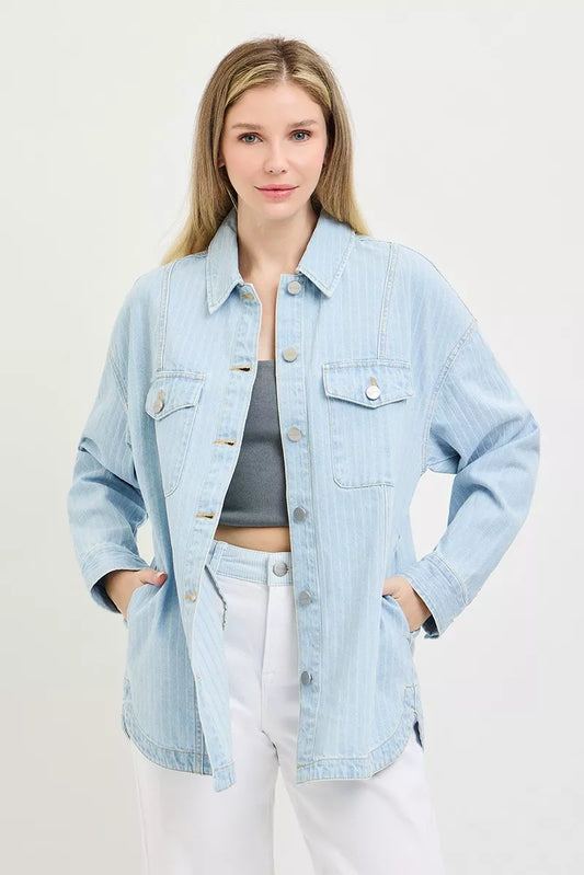 Hazel Blues® |  RISEN Oversized Stripe Denim Shaket