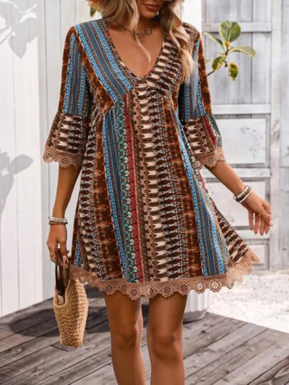 Hazel Blues® |  Lace Trim Printed V-Neck 3/4 Sleeve Dress