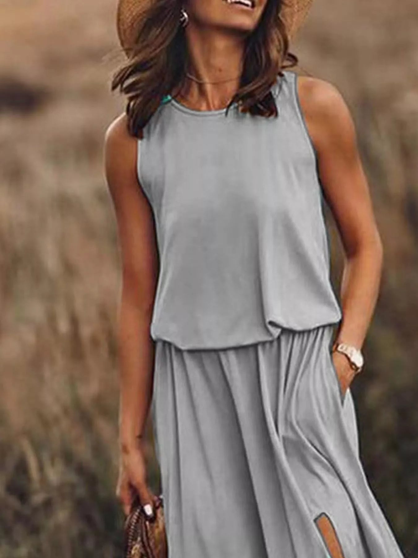 Hazel Blues® | Round Neck Sleeveless Slit Maxi Dress