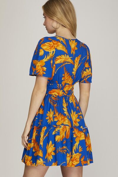 Hazel Blues® | She + Sky Printed Notched Short Sleeve Frill Tiered Dress