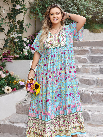 Hazel Blues® | Printed Tie Neck Flutter Sleeve Maxi Dress