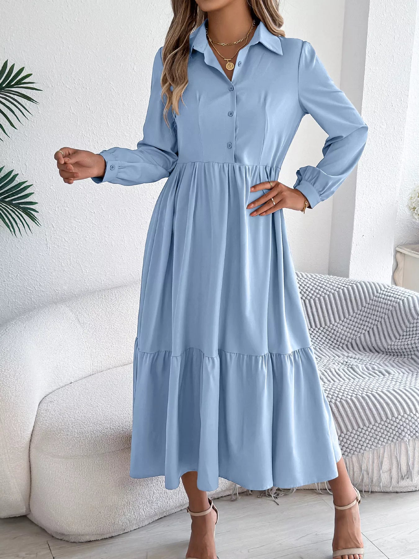 Hazel Blues® |  Long Sleeve Tiered Button Front Midi Dress