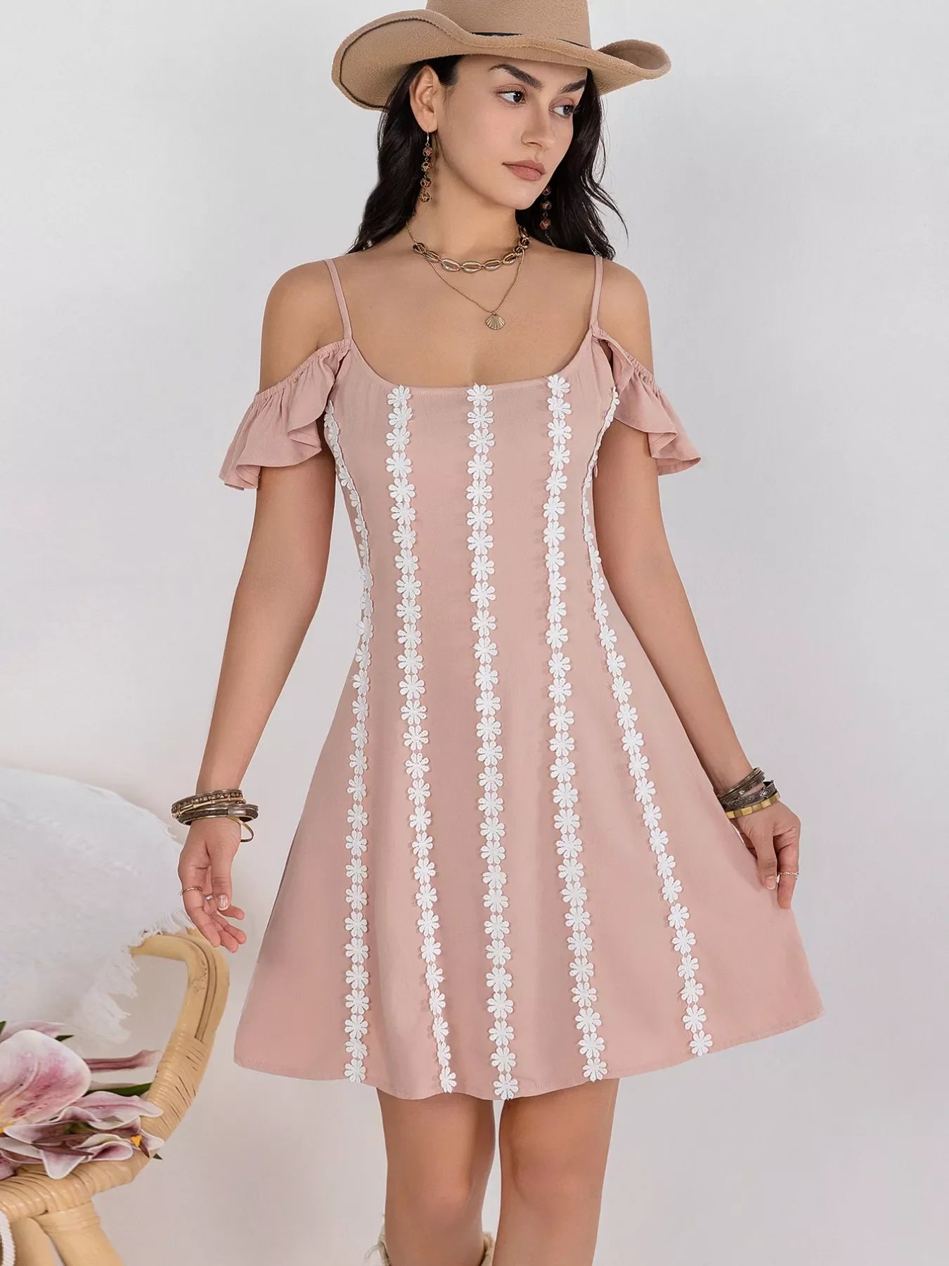 Hazel Blues® |  Floral Lace Trim Cold Shoulder A-Line Dress