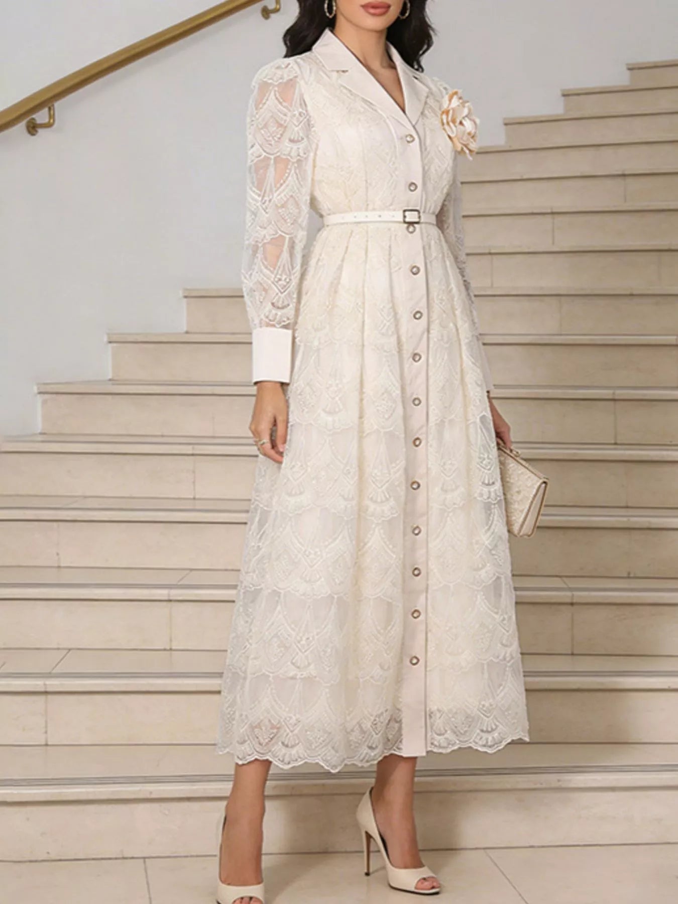 Hazel Blues® |  Lace Button Front Midi Dress