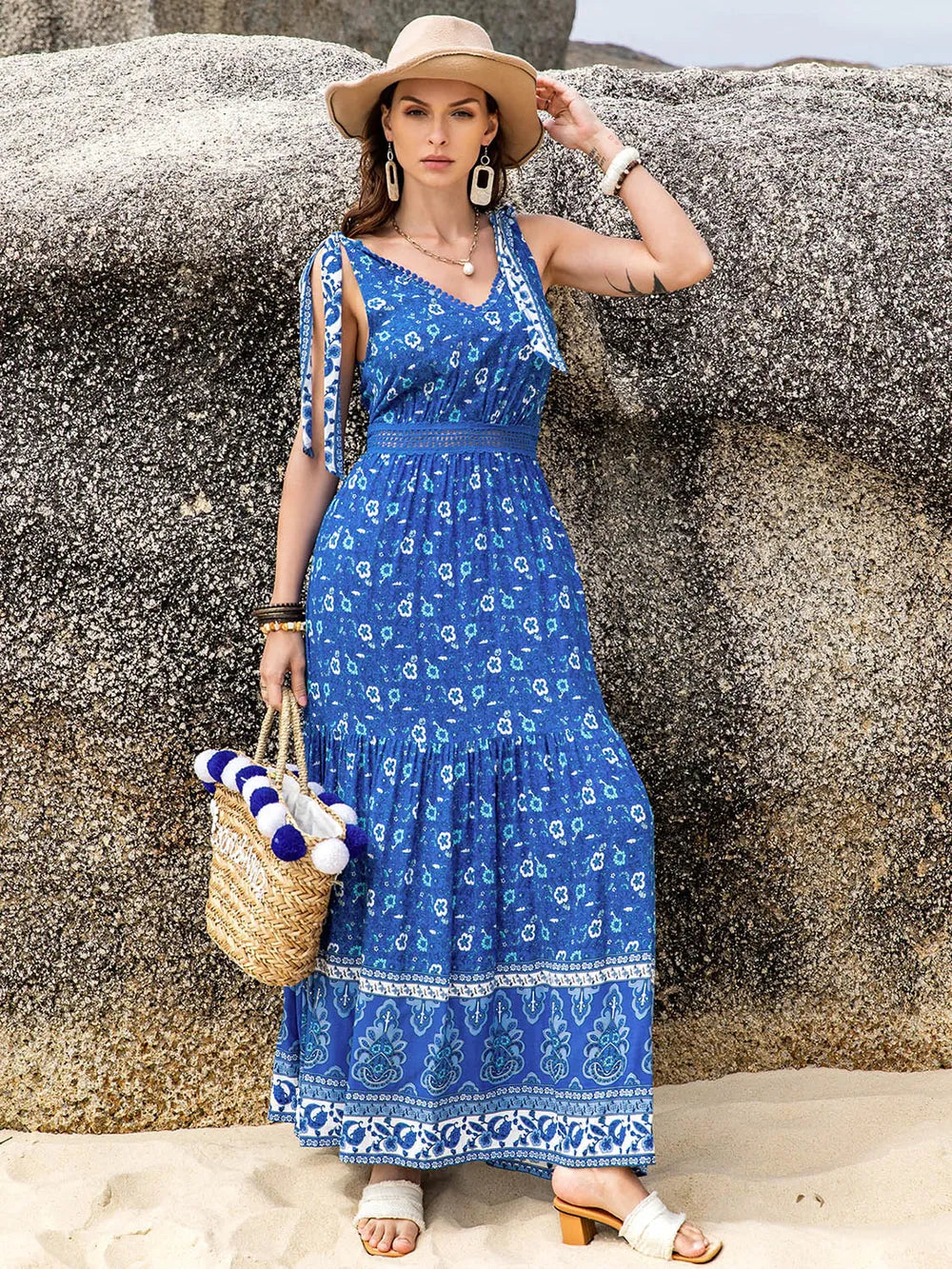 Hazel Blues® |  Printed V-Neck Tie Shoulder Dress