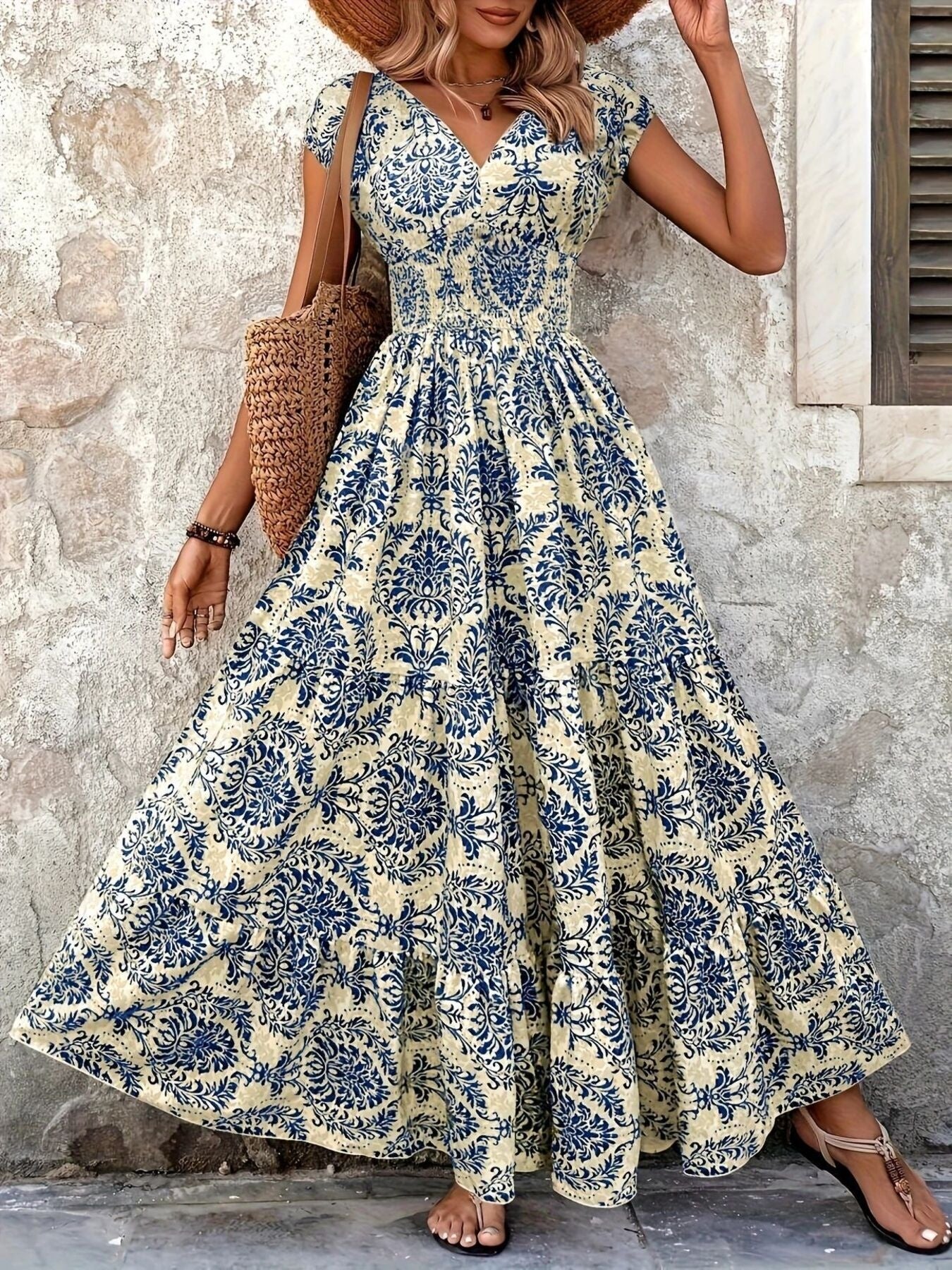 Hazel Blues® |  Printed Cap Sleeve Maxi Dress