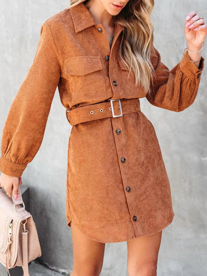 Hazel Blues® |  Button Front Belt Long Sleeve Corduroy Dress
