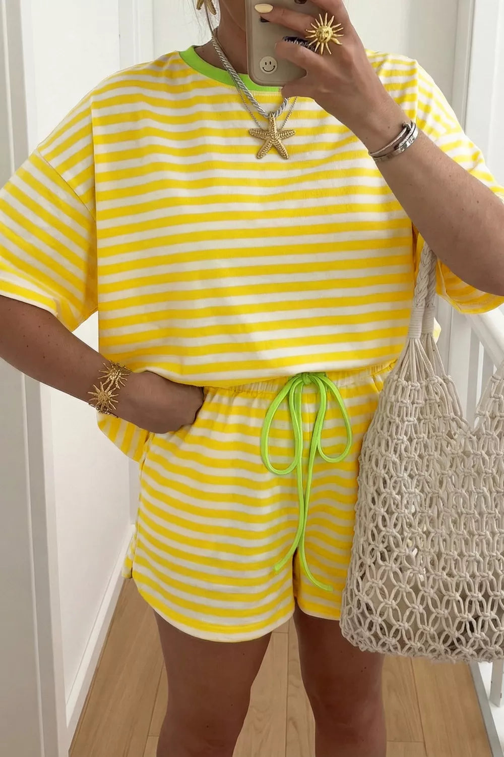 Hazel Blues® |  Stripe Contrast Neck Loose Tee and Drawstring Shorts Set