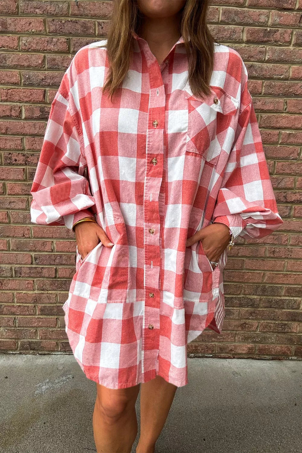 Hazel Blues® |  Oversized Plaid Button-Down Shirt Dress