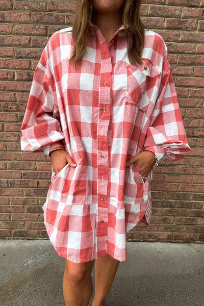 Hazel Blues® |  Oversized Plaid Button-Down Shirt Dress