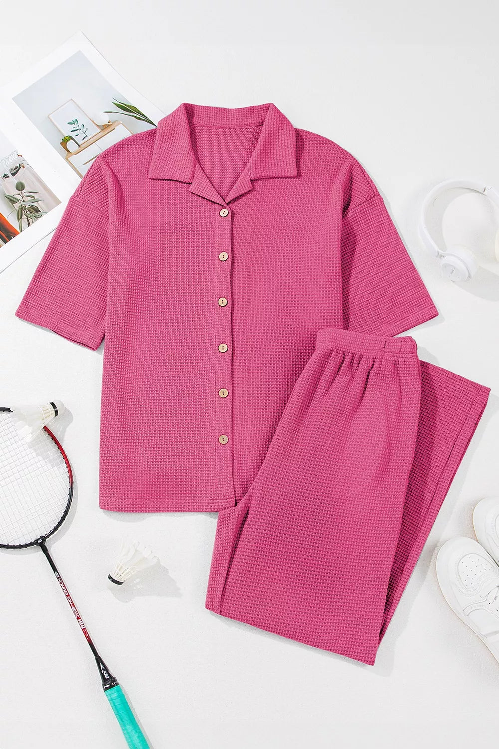 Hazel Blues® |  Solid Color Textured Buttoned Shirt and Casual Pants Set