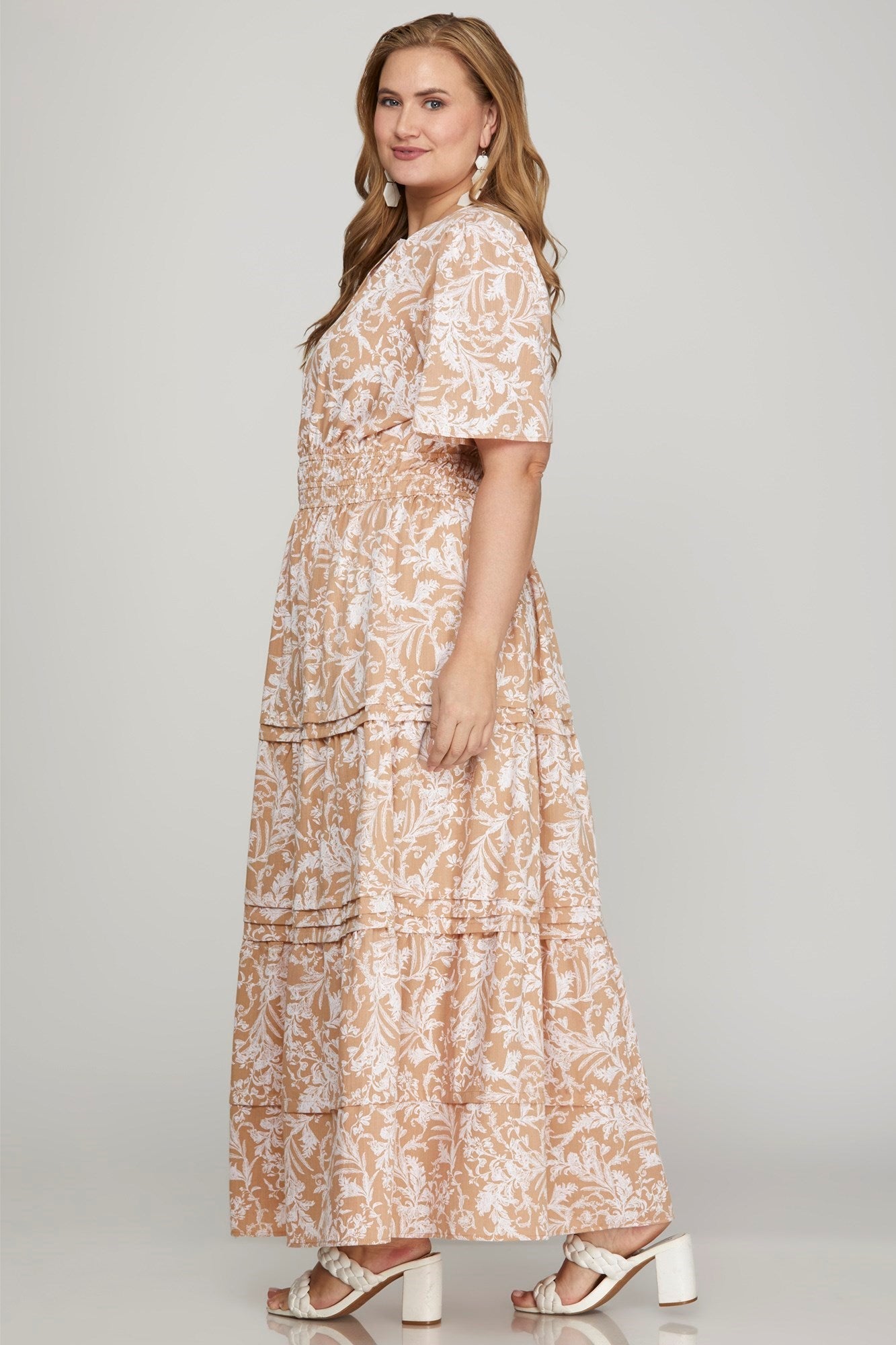 Hazel Blues® |  She + Sky Printed Notched Woven Tiered Pintuck Maxi Dress with Side Pockets