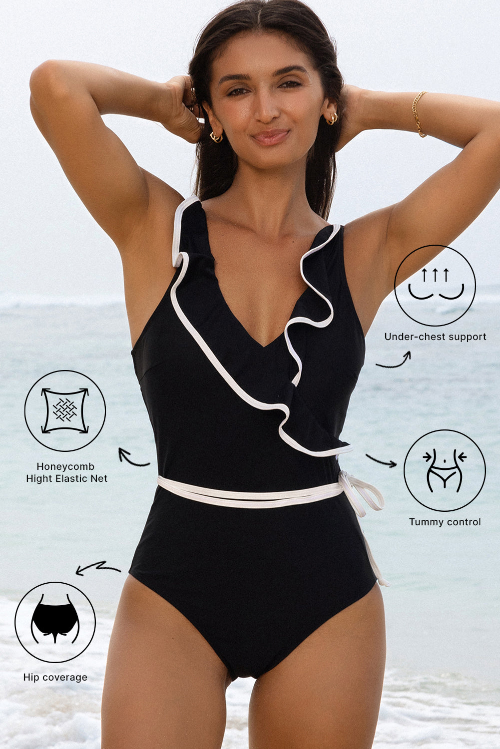 Hazel Blues® | Black Color Contrast Ruffled Wrap V Neck Swimsuit
