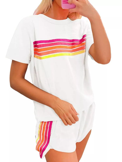 Hazel Blues® |  Rainbow Striped Round Neck Top and Shorts Set