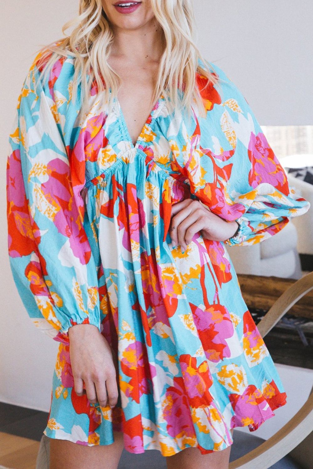 Hazel Blues® |  Floral Bracelet Sleeve Empire Waist Mini Dress
