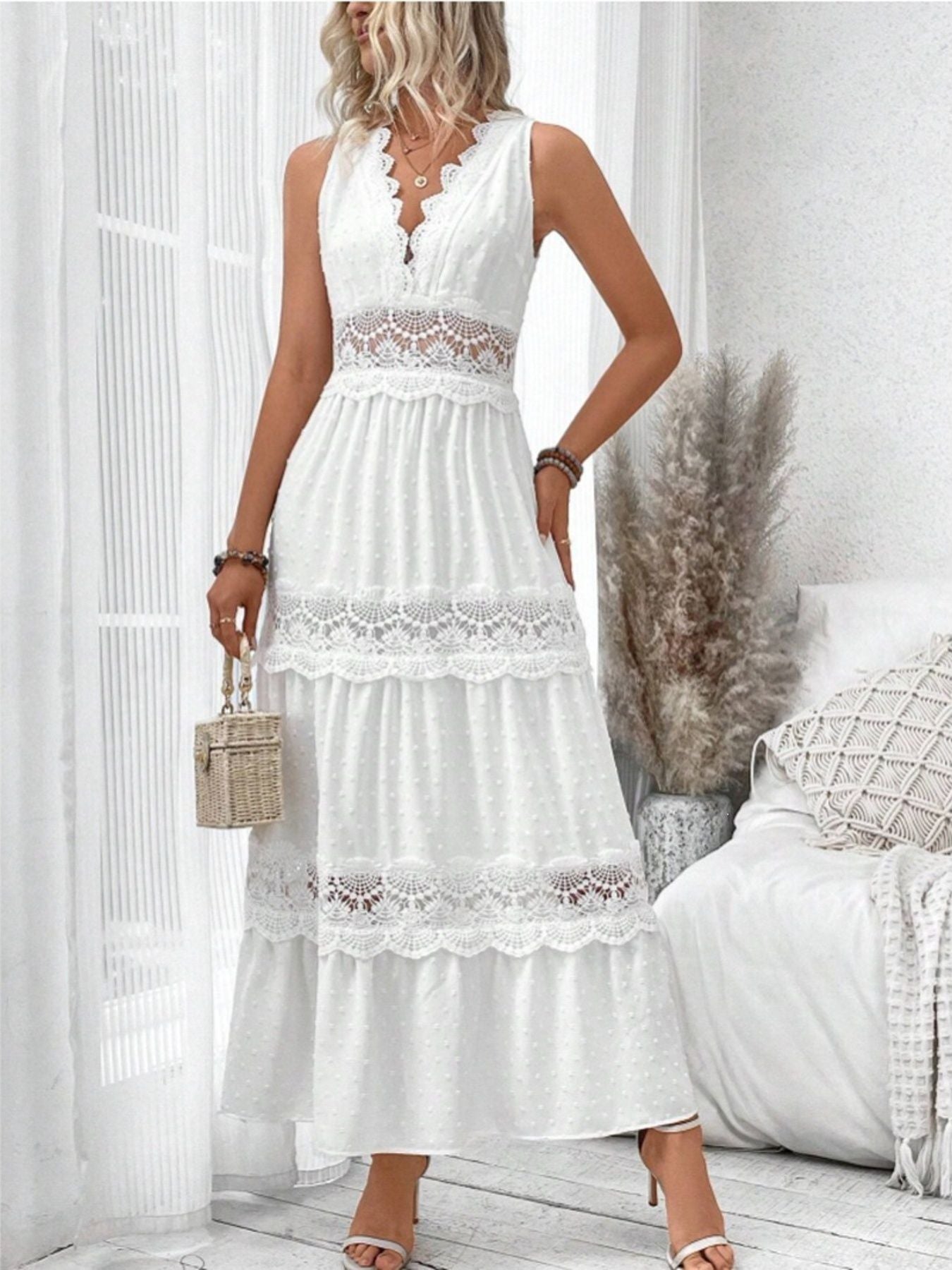 Hazel Blues® | Lace Tied Swiss Dot Sleeveless Maxi Dress