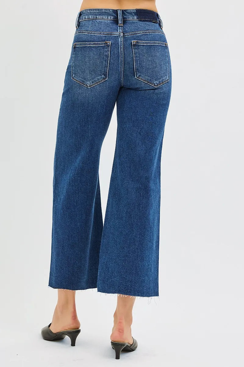 Hazel Blues® | RISEN Mid Rise Crop Wide Raw Cut Hem Jeans