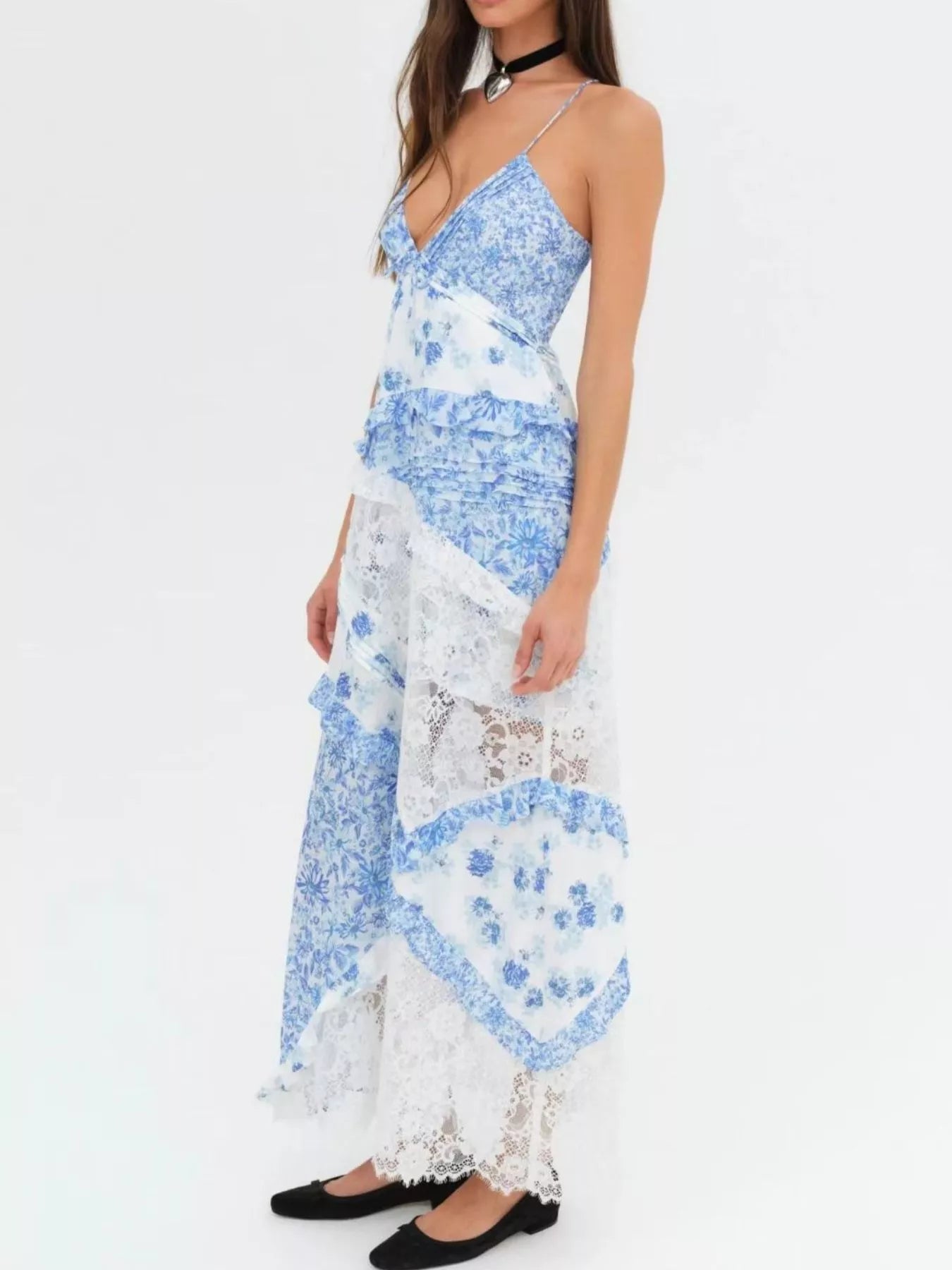 Hazel Blues® |  Lace Floral Print Ruffle Trim Maxi Dress