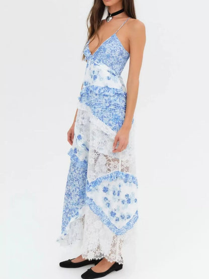 Hazel Blues® |  Lace Floral Print Ruffle Trim Maxi Dress