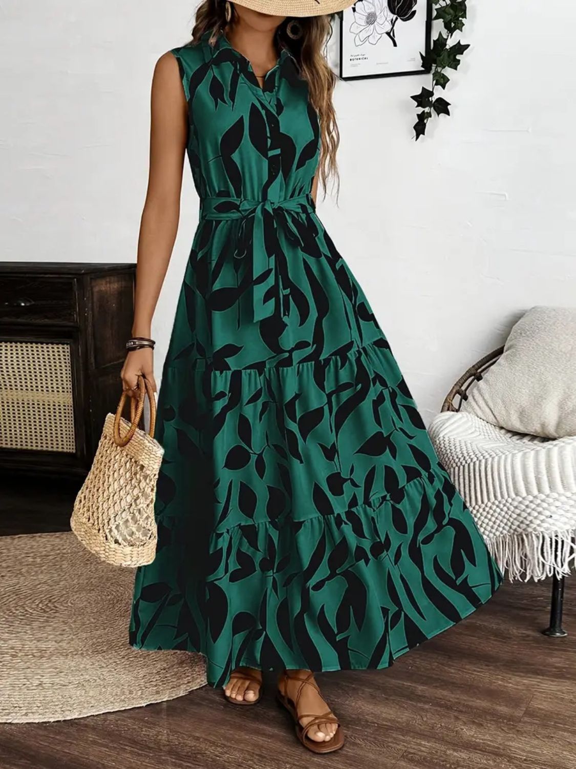 Hazel Blues® |  Printed Tie Waist Sleeveless Maxi Dress