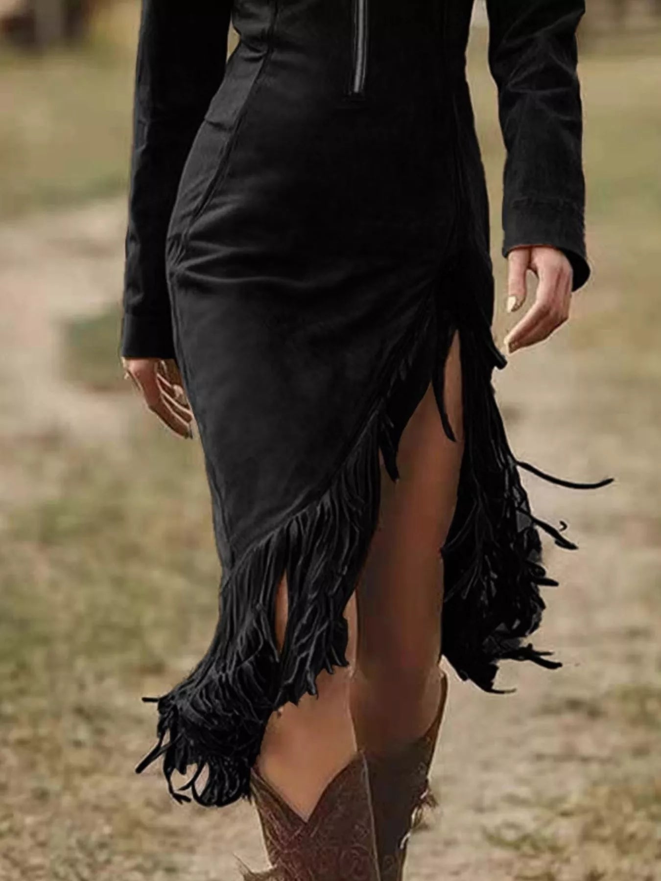 Hazel Blues® | Fringe Hem Zip Front Bodycon Dress