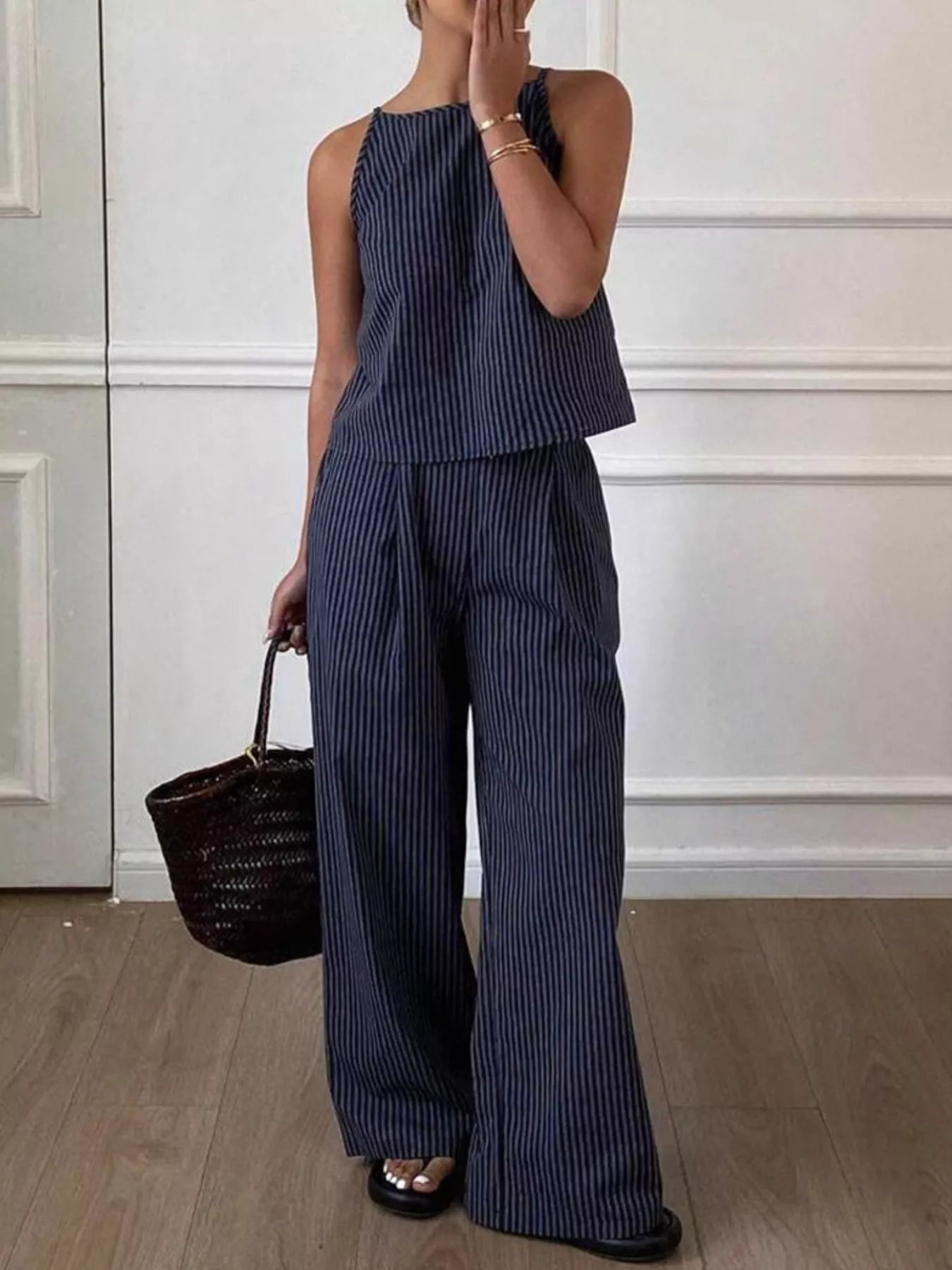 Hazel Blues® |  Striped Sleeveless Top and Wide-Leg Pants Set