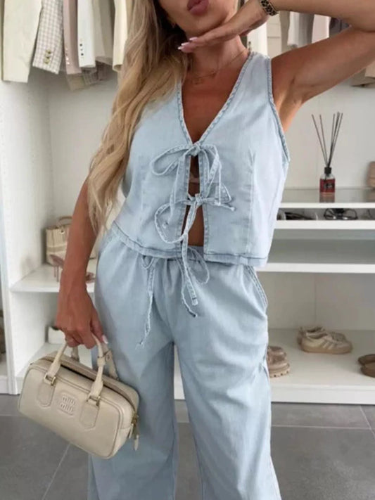 Hazel Blues® |  Tie Front Vest and Jeans Denim Set